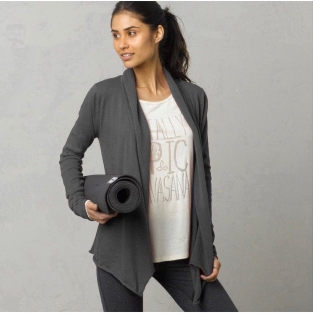Prana Georgia Wrap Women Grey Organic Cotton Open Front Peplum Ruffle Cardigan L